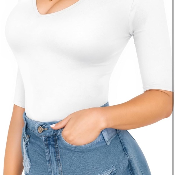 Amazon Women's White V-Neck Bodysuit - Picture 3 of 7